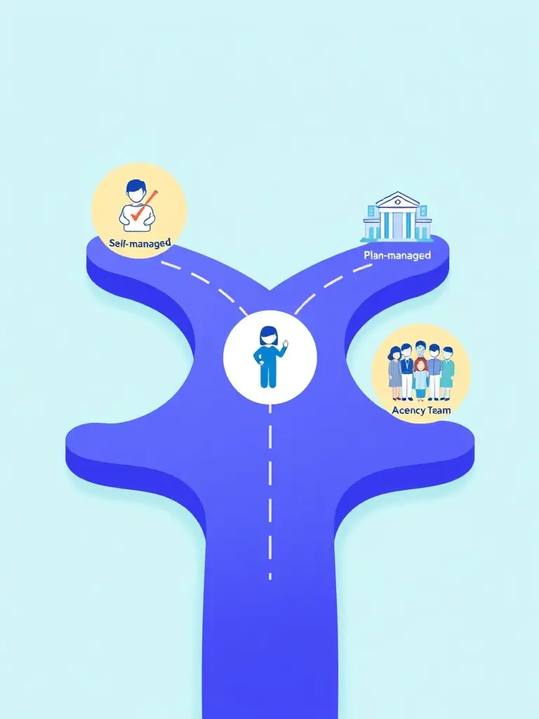A visual representation of three distinct pathways symbolizing self-managed, plan-managed, and agency-managed NDIS support options at DOBHAN.