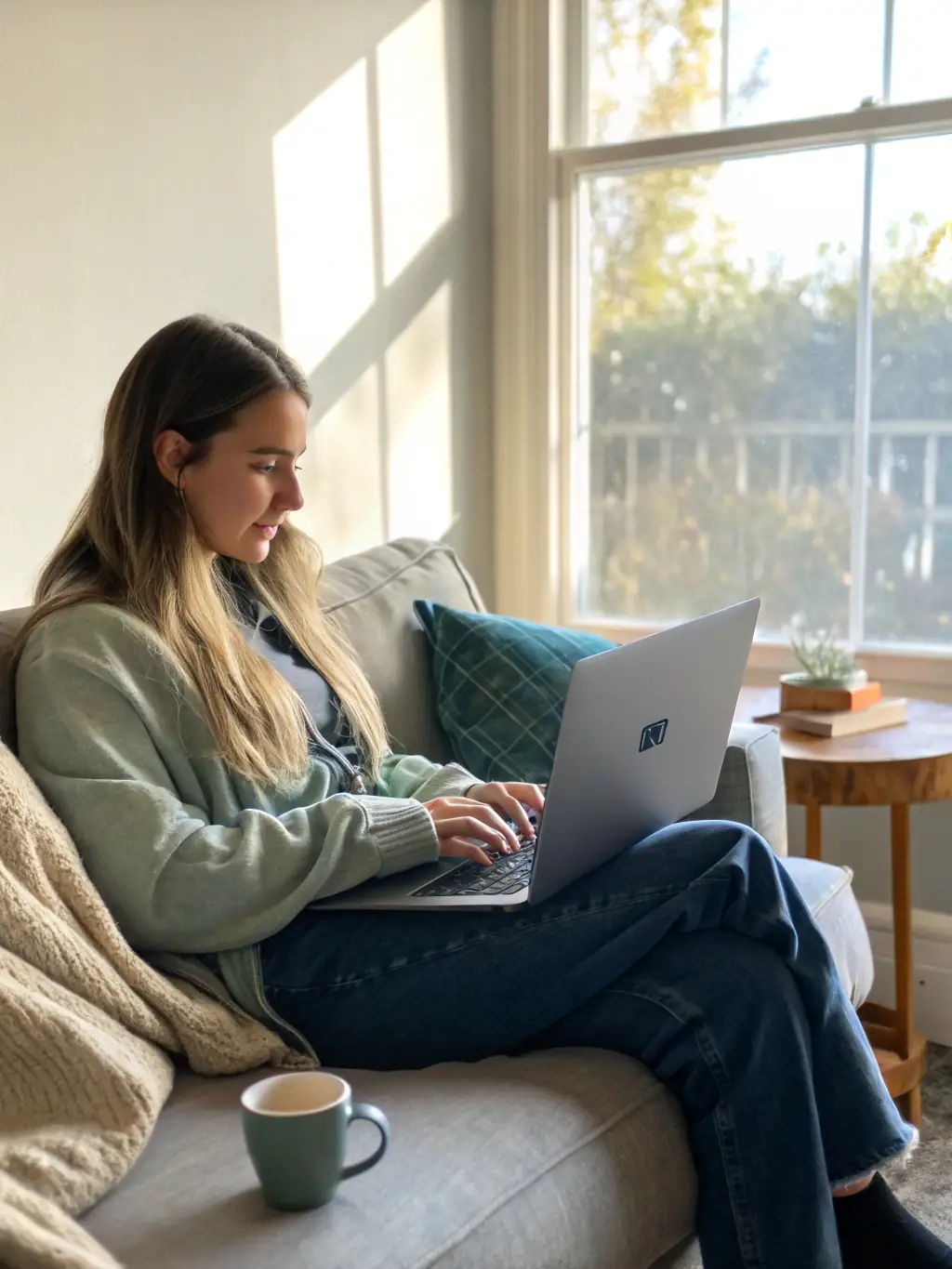 A DOBHAN employee working remotely from a comfortable home office setup, illustrating the company's commitment to flexible work arrangements.